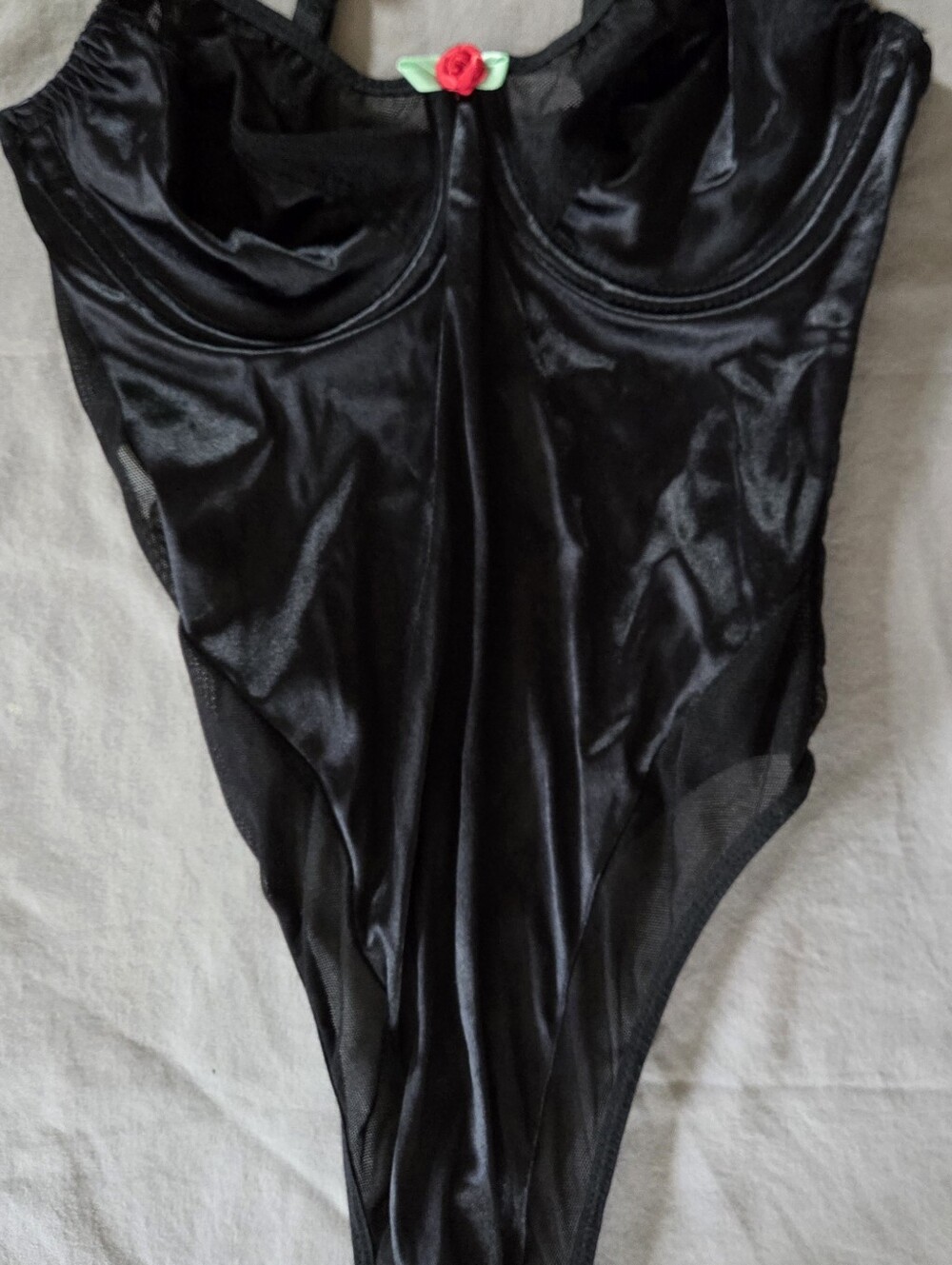 Vintage One 2 One Black Satin and Mesh Bodysuit Size 34B